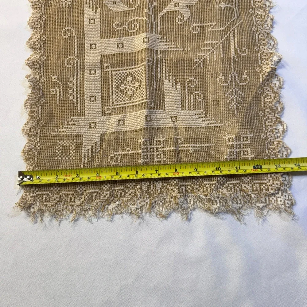 Handcrafted Crochet Filet Dresser Scarf OS Tan Vintage Lace Runner Cottagecore